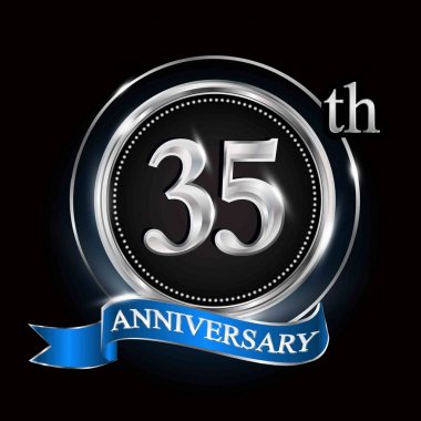 Gümüş Yüzük ve mavi kurdele ile 35 yıldönümü logo.