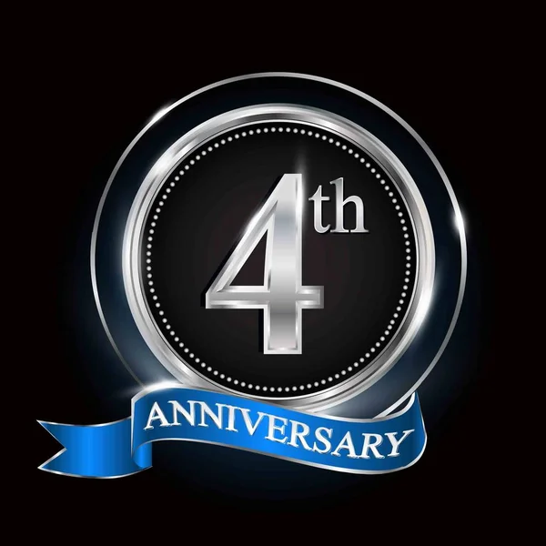 Logotipo Quarto Aniversário Com Anel Prata Fita Azul —  Vetores de Stock