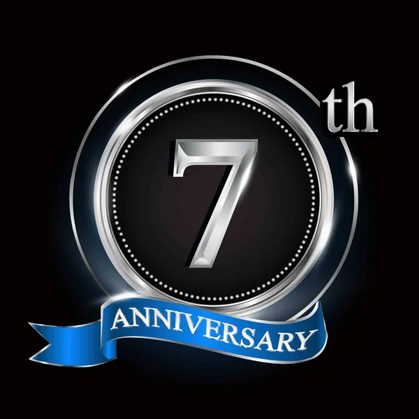 Logotipo Sétimo Aniversário Com Anel Prata Fita Azul —  Vetores de Stock