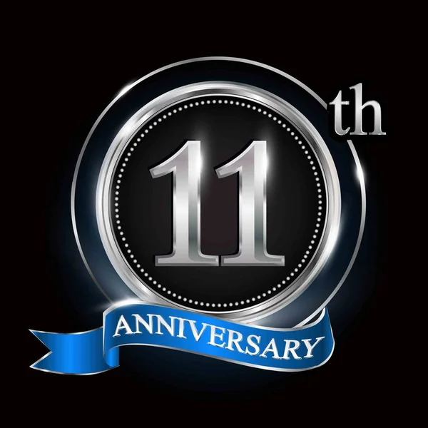 11Th Anniversary Logo Silver Ring Blue Ribbon — Stock Vector