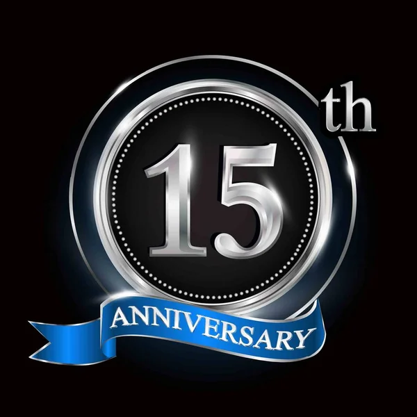 15Th Anniversary Logotyp Med Silverring Och Blå Band — Stock vektor