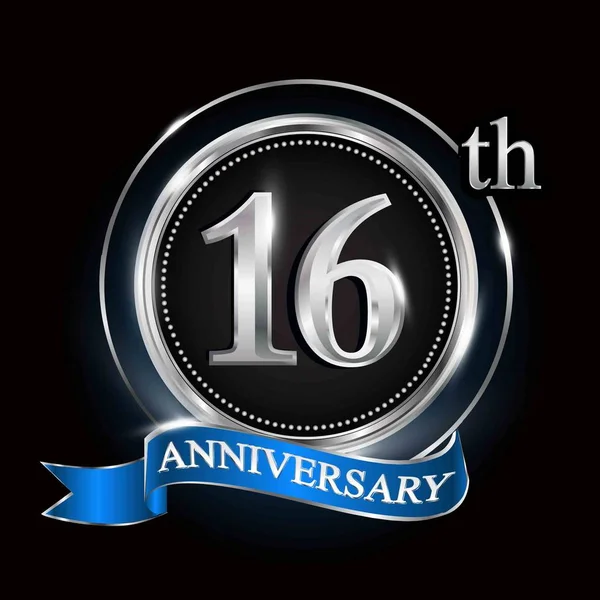 16Th Anniversary Logo Silver Ring Blue Ribbon — Stock Vector