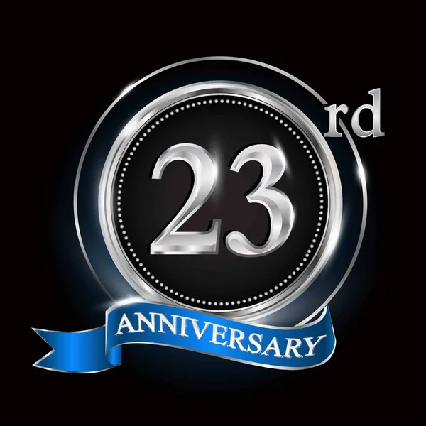 23E Verjaardagslogo Met Zilveren Ring Blauw Lint — Stockvector