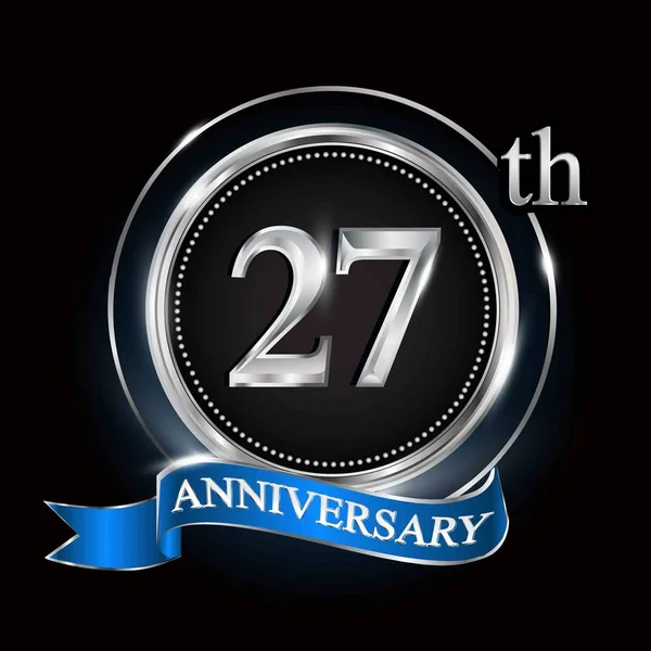 27Η Λογότυπος Της Επετείου Ασημένιο Δαχτυλίδι Γαλάζια Κορδέλα — Διανυσματικό Αρχείο