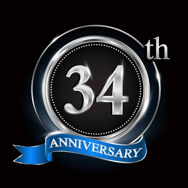 34Η Επέτειο Λογότυπο Ασημένιο Δαχτυλίδι Γαλάζια Κορδέλα — Διανυσματικό Αρχείο