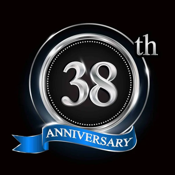 38E Verjaardagslogo Met Zilveren Ring Blauw Lint — Stockvector