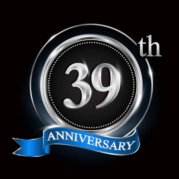 Logo Del 39º Aniversario Con Anillo Plata Cinta Azul — Vector de stock