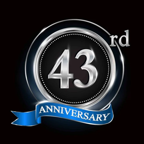 Logotipo Aniversário Com Anel Prata Fita Azul —  Vetores de Stock