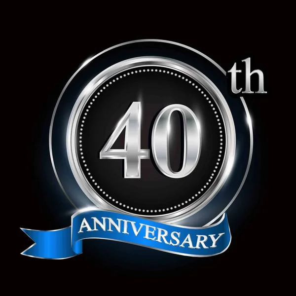 40Η Επέτειος Λογότυπο Ασημένιο Δαχτυλίδι Γαλάζια Κορδέλα — Διανυσματικό Αρχείο