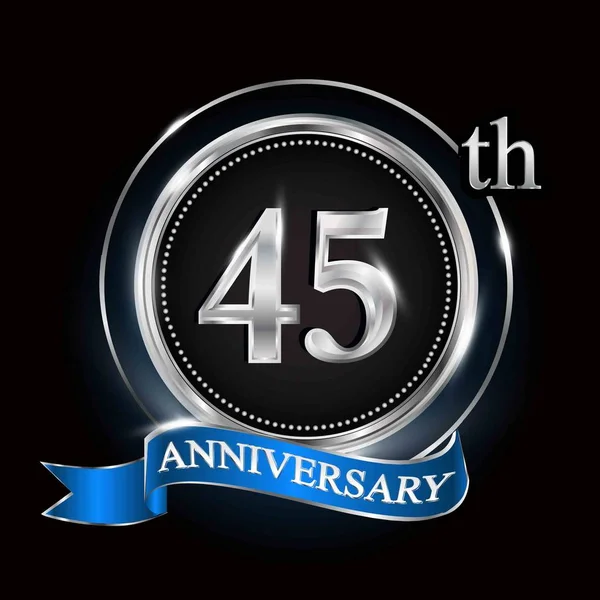 Logo Del 45Esimo Anniversario Con Anello Argento Nastro Blu — Vettoriale Stock