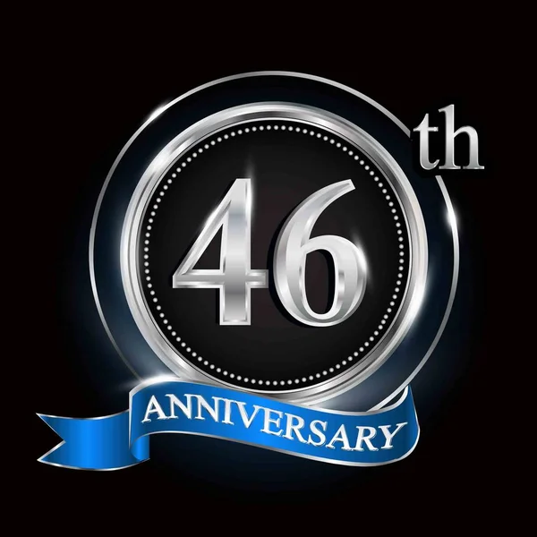 Logo Del 46Esimo Anniversario Con Anello Argento Nastro Blu — Vettoriale Stock