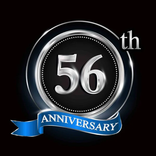 56Th Anniversary Logo Silver Ring Blue Ribbon — Stock Vector