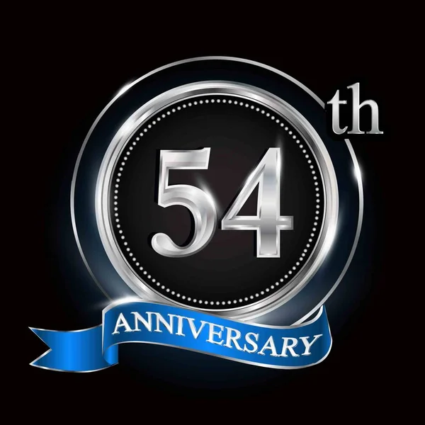 54Th Anniversary Logo Silver Ring Blue Ribbon — Stock Vector