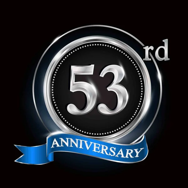 53Η Επέτειο Λογότυπο Ασημένιο Δαχτυλίδι Γαλάζια Κορδέλα — Διανυσματικό Αρχείο