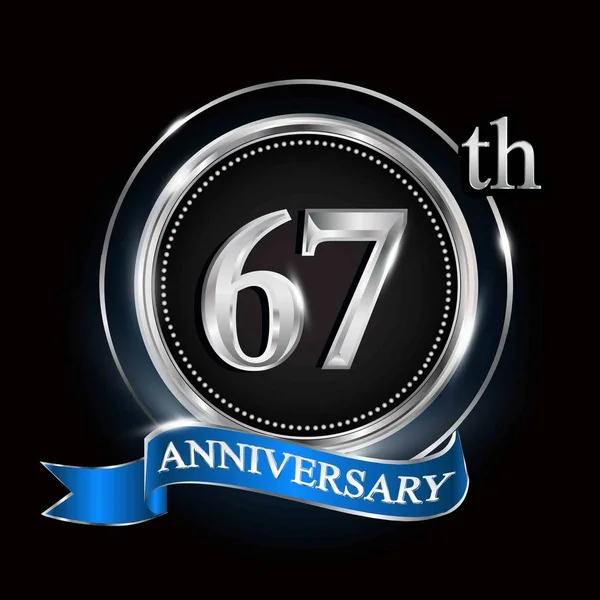 67Ste Verjaardagslogo Met Zilveren Ring Blauw Lint — Stockvector
