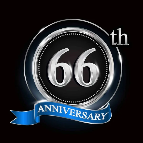 66Th Anniversary Logo Silver Ring Blue Ribbon — Stock Vector