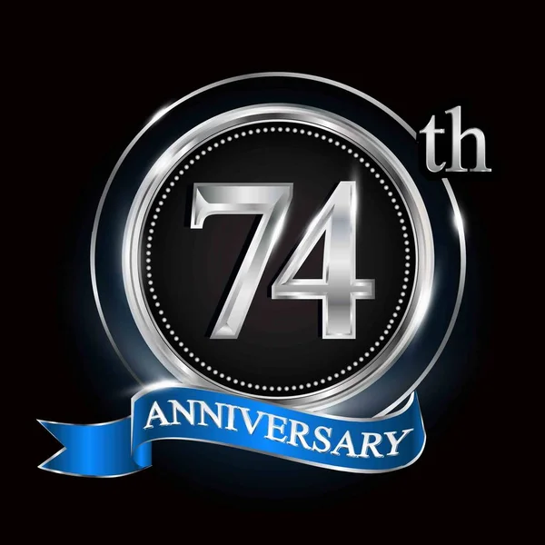 74Η Επέτειος Λογότυπο Ασημένιο Δαχτυλίδι Γαλάζια Κορδέλα — Διανυσματικό Αρχείο