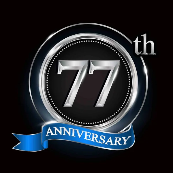77Η Επέτειο Λογότυπο Ασημένιο Δαχτυλίδι Γαλάζια Κορδέλα — Διανυσματικό Αρχείο