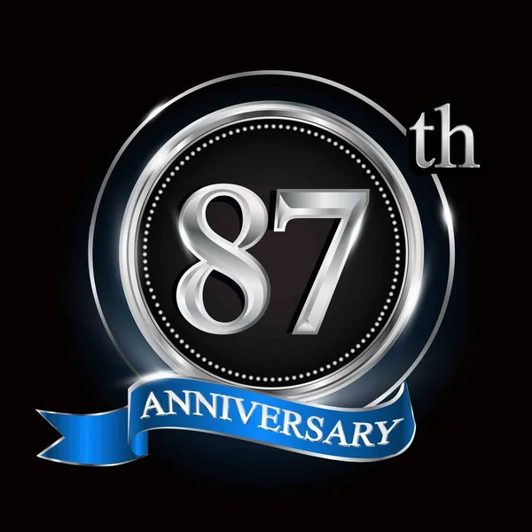 87Th Urodzinowego Logo Srebrny Pierścionek Niebieskiej Wstążki — Wektor stockowy