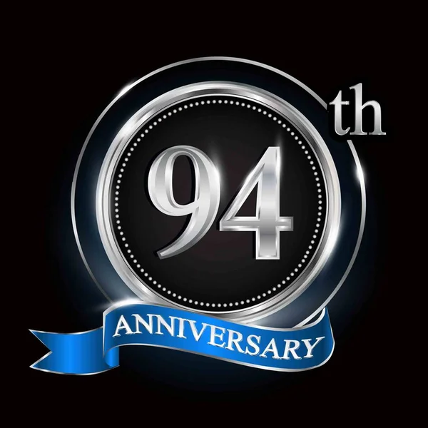 94Th Urodzinowego Logo Srebrny Pierścionek Niebieskiej Wstążki — Wektor stockowy