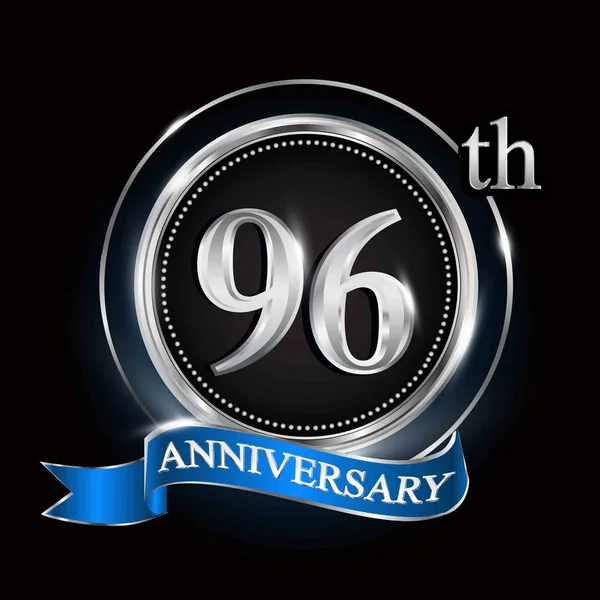 96Th Anniversary Logo Silver Ring Blue Ribbon — Stock Vector