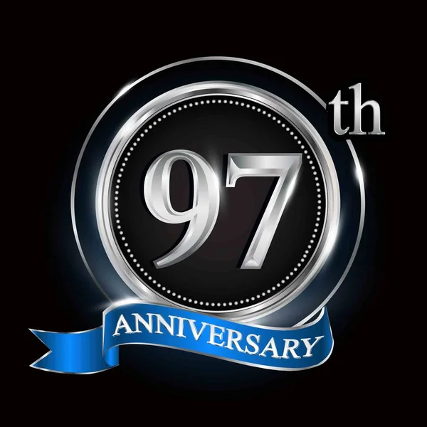 97Th Anniversary Logo Silver Ring Blue Ribbon — Stock Vector