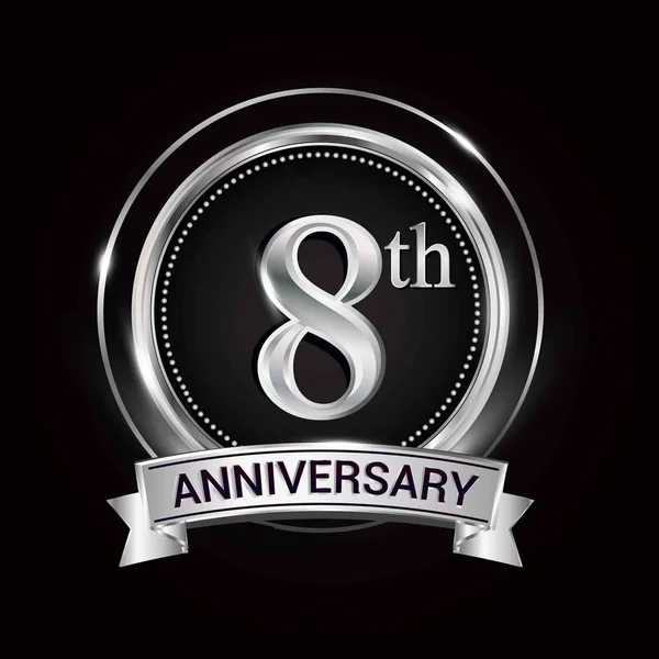 Logo Dell Ottavo Anniversario Con Anello Nastro Argento — Vettoriale Stock