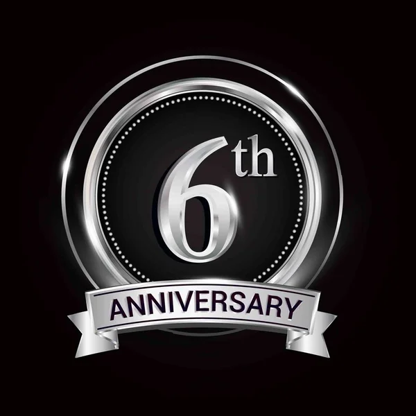 Logo Del Sexto Aniversario Con Anillo Plata Cinta — Vector de stock