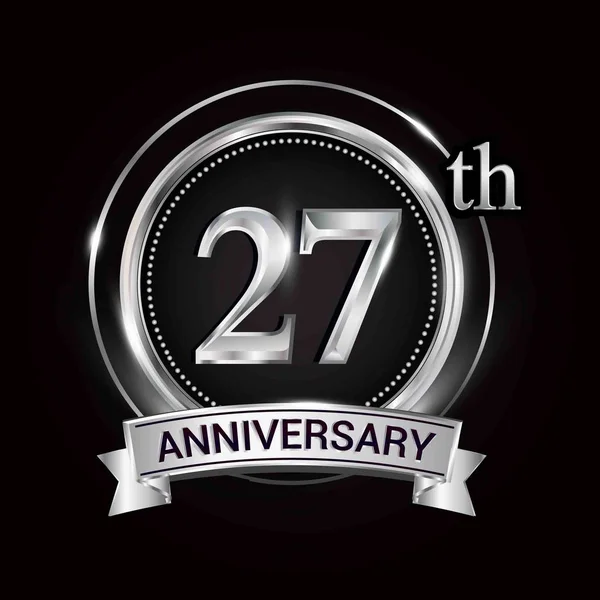 Logo 27E Anniversaire Avec Bague Ruban Argentés — Image vectorielle