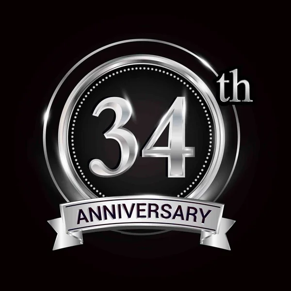 Logotipo Aniversário Com Anel Prata Fita —  Vetores de Stock