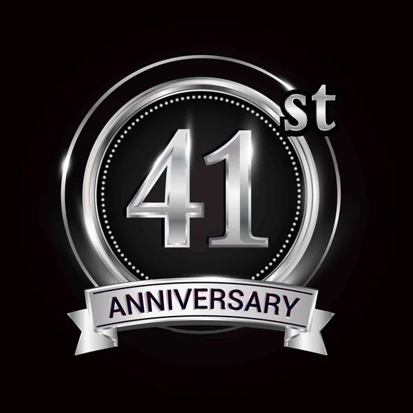 Logo Del Quarantunesimo Anniversario Con Anello Nastro Argento — Vettoriale Stock