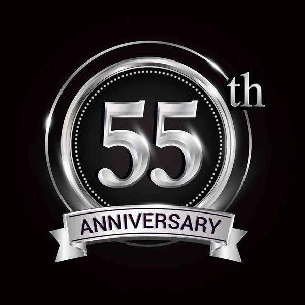 55Ste Verjaardagslogo Met Zilveren Ring Lint — Stockvector