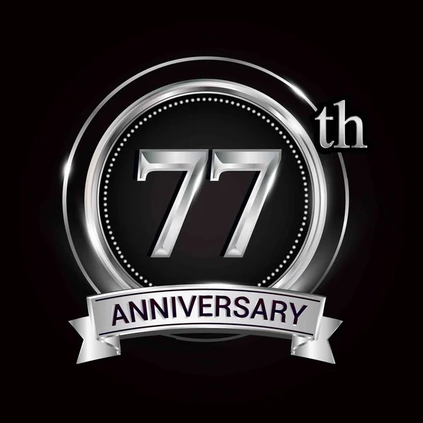 77Ο Λογότυπος Της Επετείου Ασημένιο Δαχτυλίδι Και Κορδέλα — Διανυσματικό Αρχείο