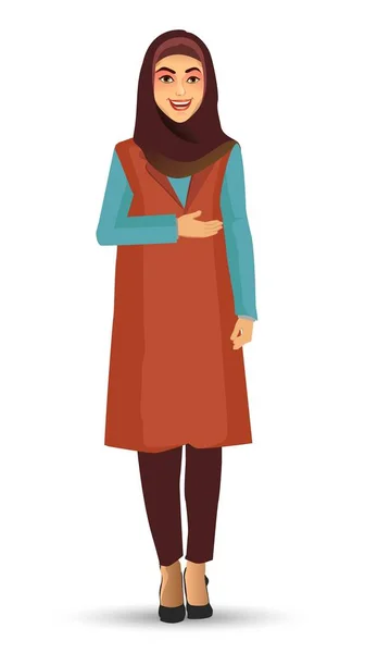 Mooie Jonge Vrouw Draagt Hijab Vectorillustratie Geïsoleerd Een Witte Achtergrond — Stockvector