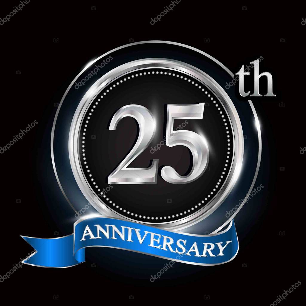 25Th Anniversary Logo Silver Ring Blue Ribbon — Stock Vector