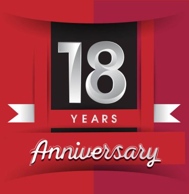 doğum günü partisi için kırmızı zemin üzerine beyaz kurdele ile 18 yıl yıldönümü kutlama logo vektör çizim Tasarım şablonunu. 