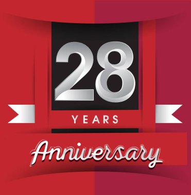 28 yıl yıldönümü kutlama logosunun doğum günü partisi için kırmızı zemin üzerine beyaz kurdele ile vektör çizim tasarım şablonu. 