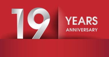 19 yıl yıldönümü kutlama logosu, düz tasarım izole kırmızı arka plan, vektör öğeleri için afiş, davetiye ve doğum gününü.