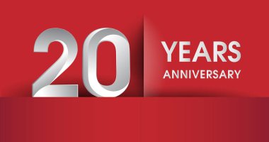 20 Yıl Yıldönümü kutlama logosu, kırmızı arka planda izole edilmiş düz tasarım, afiş için vektör unsurları, davetiye kartı ve doğum günü partisi.