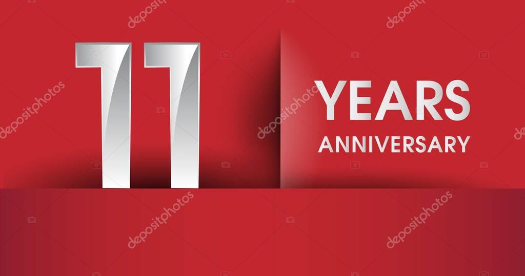 11 Years Anniversary celebration logo, flat design isolated on red background, vector elements for banner, invitation card and birthday party.