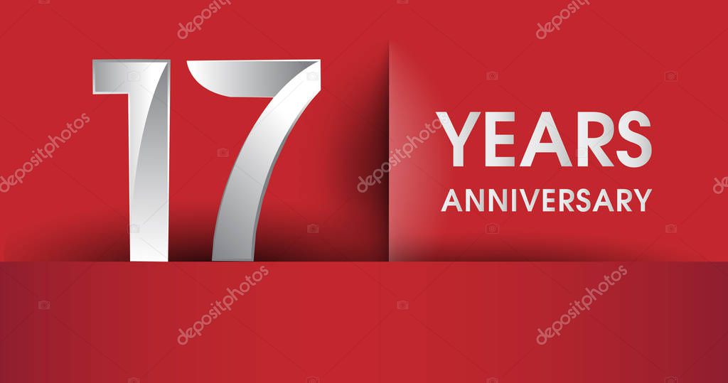 17 Years Anniversary celebration logo, flat design isolated on red background, vector elements for banner, invitation card and birthday party.
