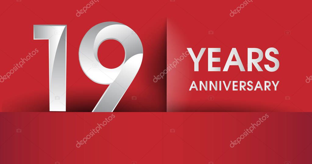 19 Years Anniversary celebration logo, flat design isolated on red background, vector elements for banner, invitation card and birthday party.