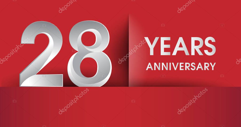 28 Years Anniversary celebration logo, flat design isolated on red background, vector elements for banner, invitation card and birthday party.