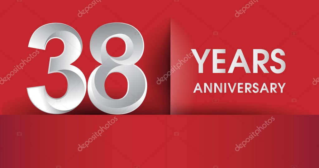 38 Years Anniversary celebration logo, flat design isolated on red background, vector elements for banner, invitation card and birthday party.