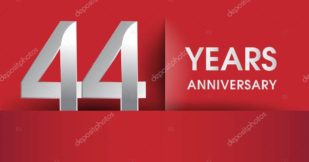 44 Years Anniversary celebration logo, flat design isolated on red background, vector elements for banner, invitation card and birthday party.