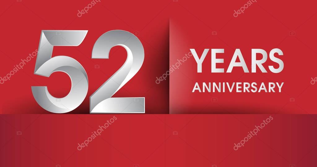52 Years Anniversary celebration logo, flat design isolated on red background, vector elements for banner, invitation card and birthday party.