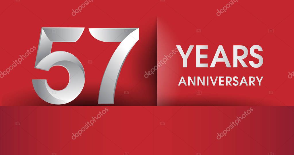 57 Years Anniversary celebration logo, flat design isolated on red background, vector elements for banner, invitation card and birthday party.