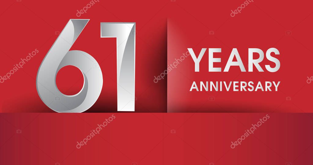 61 Years Anniversary celebration logo, flat design isolated on red background, vector elements for banner, invitation card and birthday party.