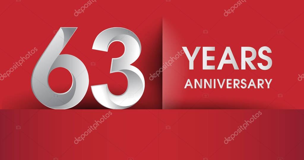 63 Years Anniversary celebration logo, flat design isolated on red background, vector elements for banner, invitation card and birthday party.