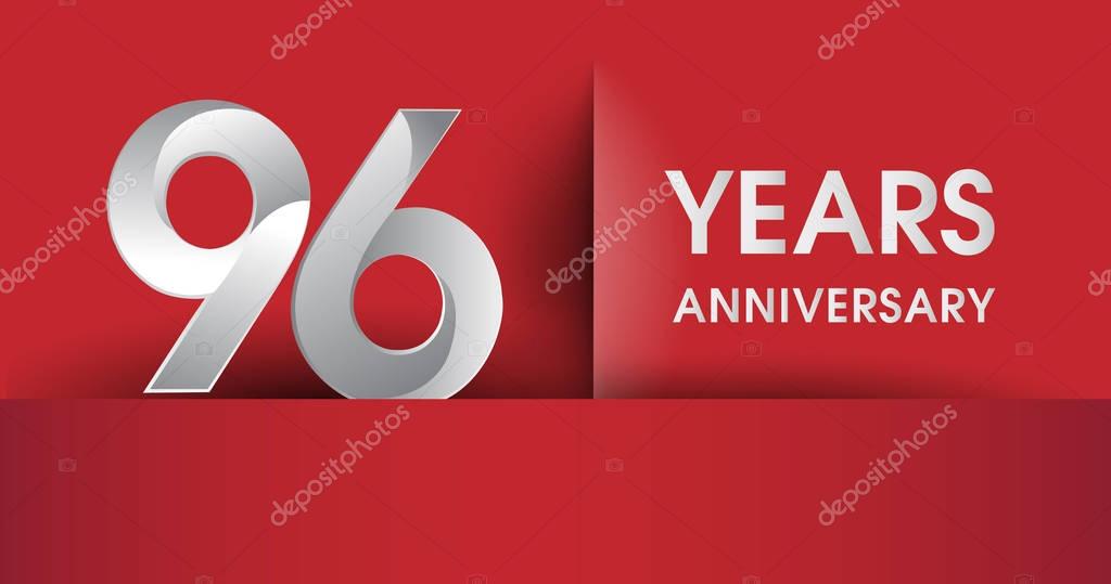 96 Years Anniversary celebration logo, flat design isolated on red background, vector elements for banner, invitation card and birthday party.